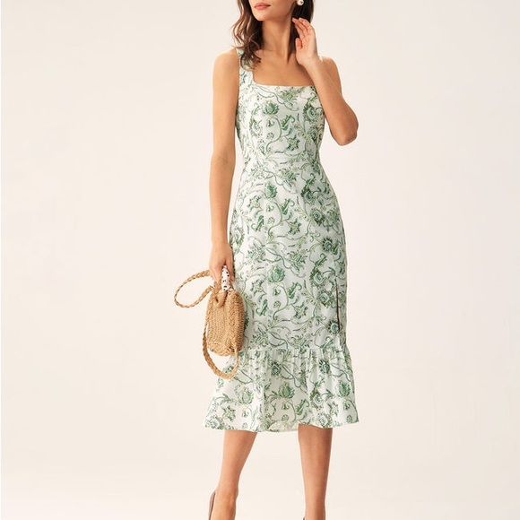 Rihoas Green Floral Square Neck Midi Dress Green Sz S - Picture 1 of 9